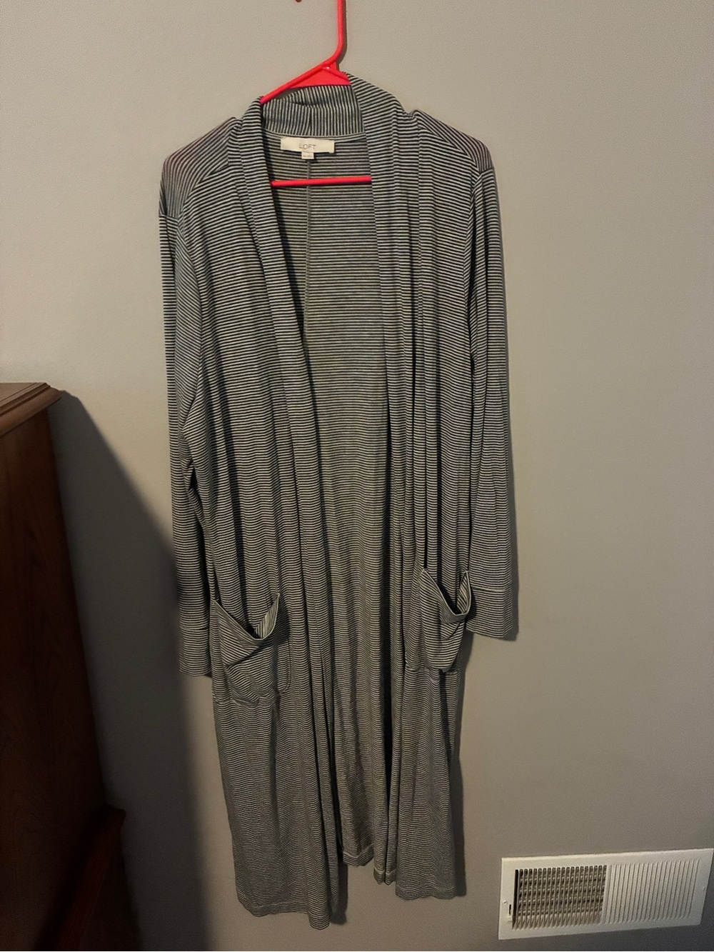 LOFT Long Open-Front Striped Cardigan - Gray and White